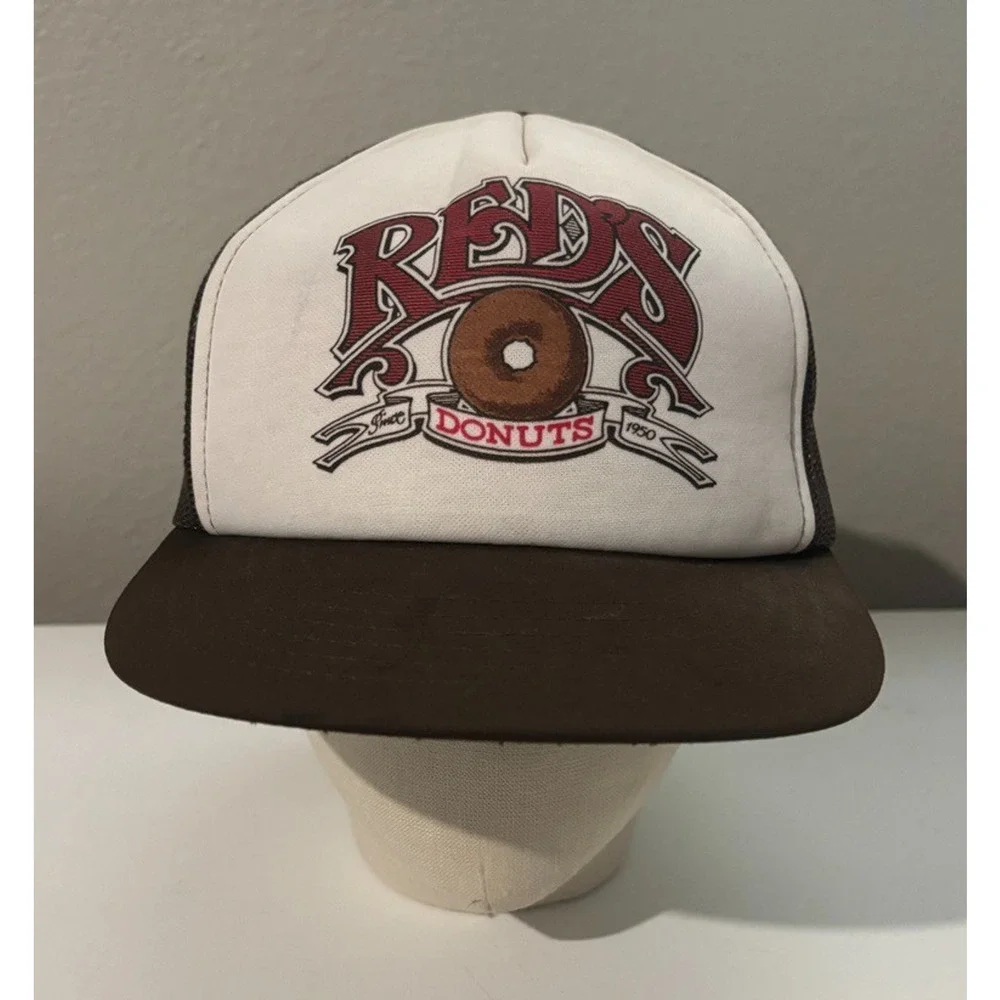 Vtg 80s RED's DONUTS Foam Mesh Trucker Hat‎ Legendary Monterey, California